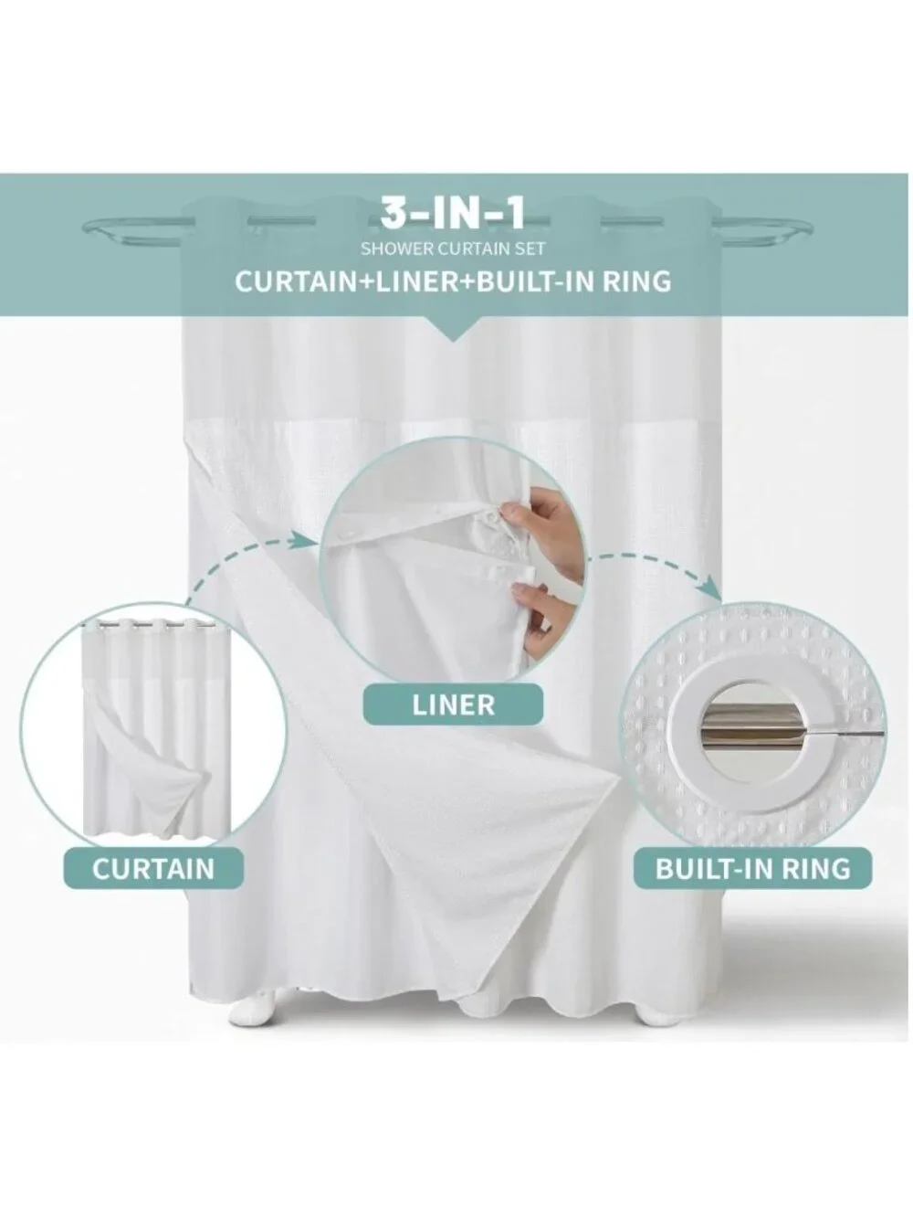Eachope White Shower Curtain No Hooks Mesh Top Window 71Wx74H Waterproof Bathroo